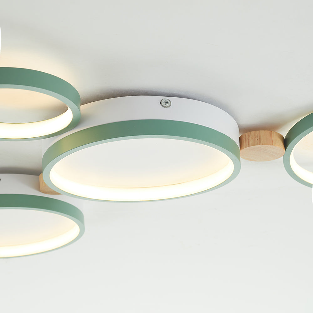 NovaLumen plafondlamp van metaal en hout, 3 tot 7 lampen, wit, grijs of groen