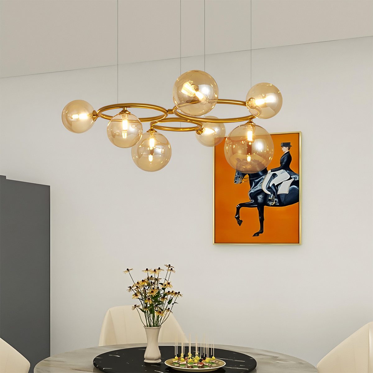 LumaOrbis orb-ljuskrona med LED-glasbollar på metallring