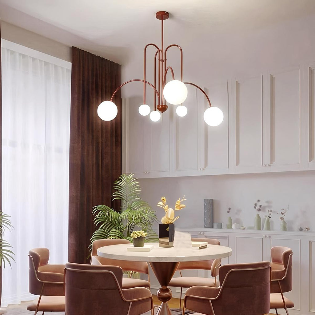 Żyrandol Aurora Arc z mlecznego szkła w żelaznej ramie, styl Art Deco