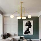 Żyrandol Aurora Arc z mlecznego szkła w żelaznej ramie, styl Art Deco