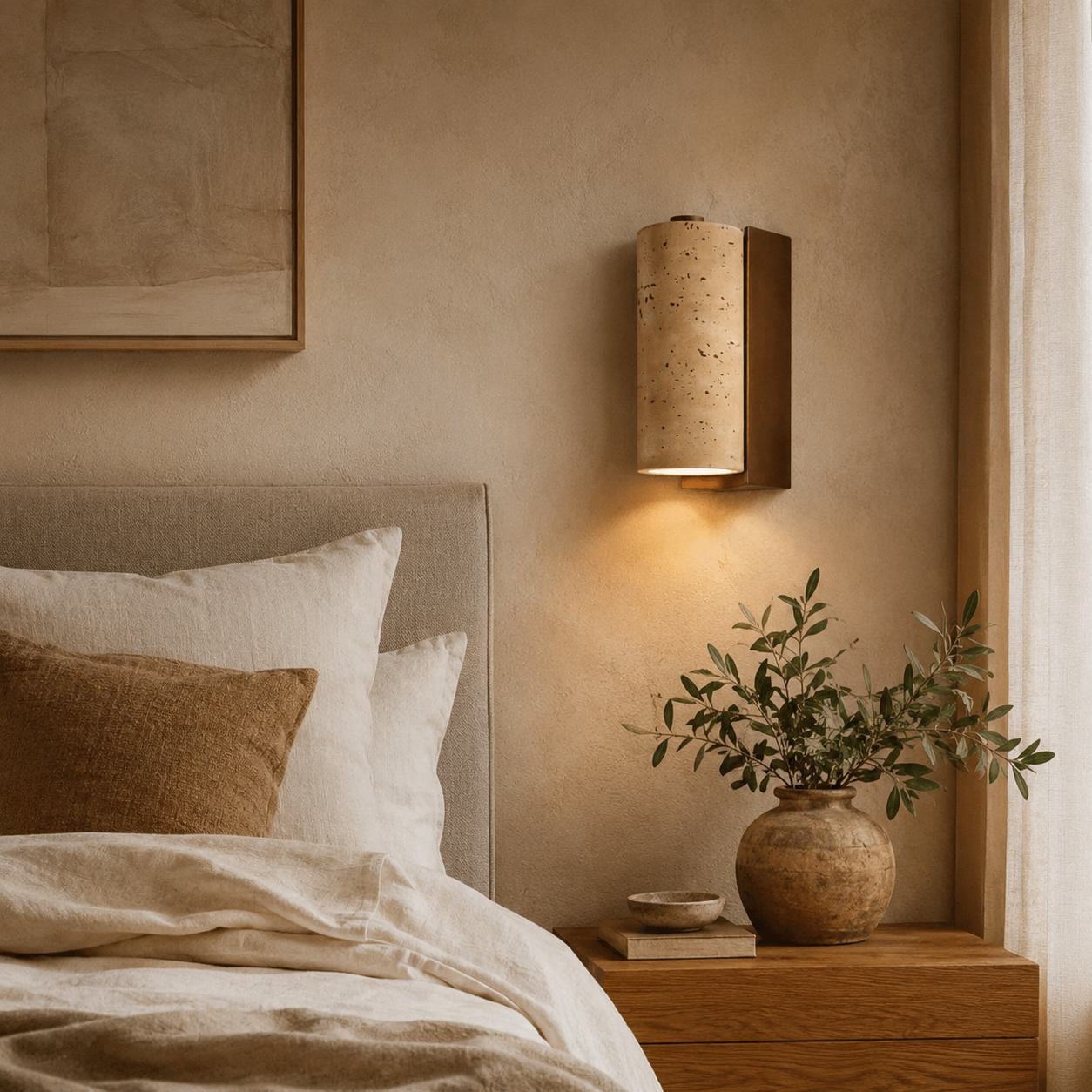 Lampada da parete TerraLume in travertino e legno con paralume cilindrico per bagliore caldo