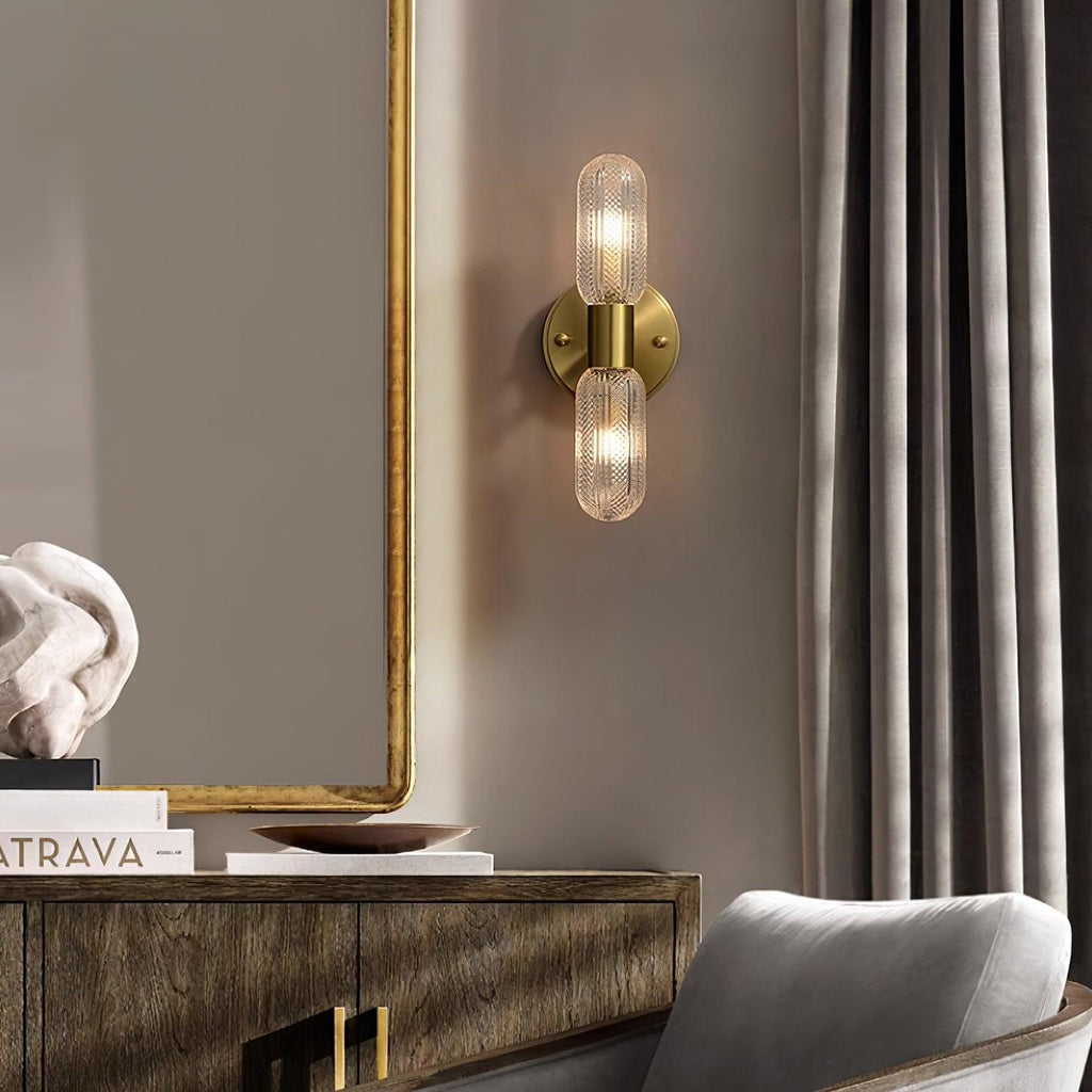 Evania Messing- und strukturiertes Glas Doppel-Wandleuchte | Fioriscas