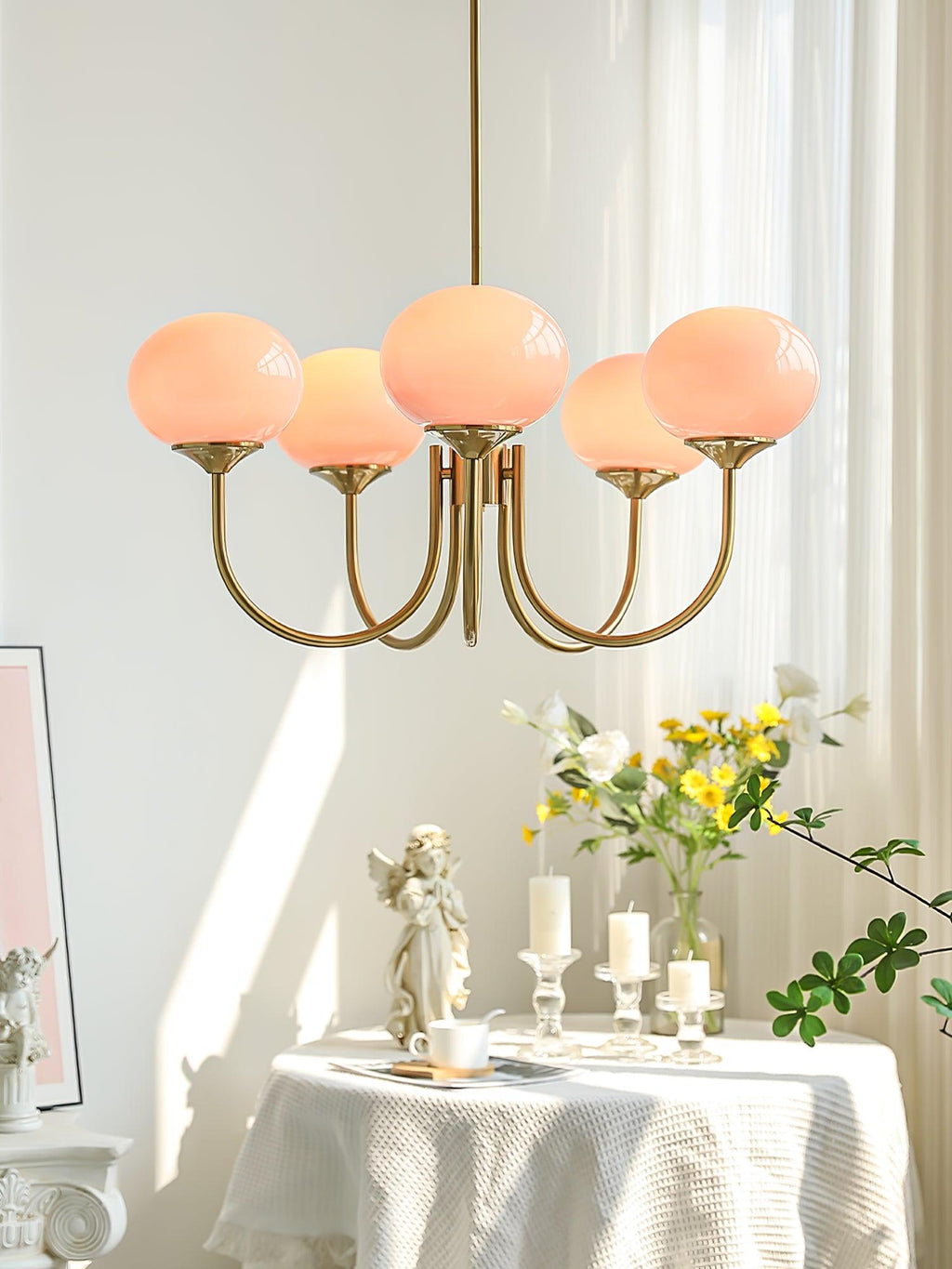 Alora Glass Chandelier, Pale Pink Shades, Copper or Chrome, 3 or 5 Lights