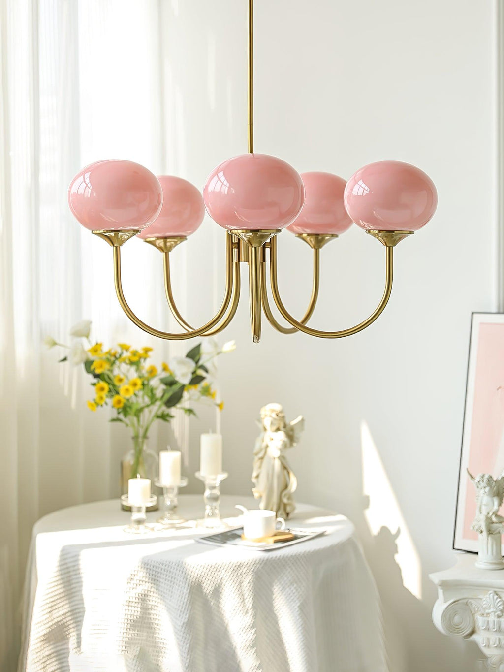Alora Glass Chandelier, Pale Pink Shades, Copper or Chrome, 3 or 5 Lights