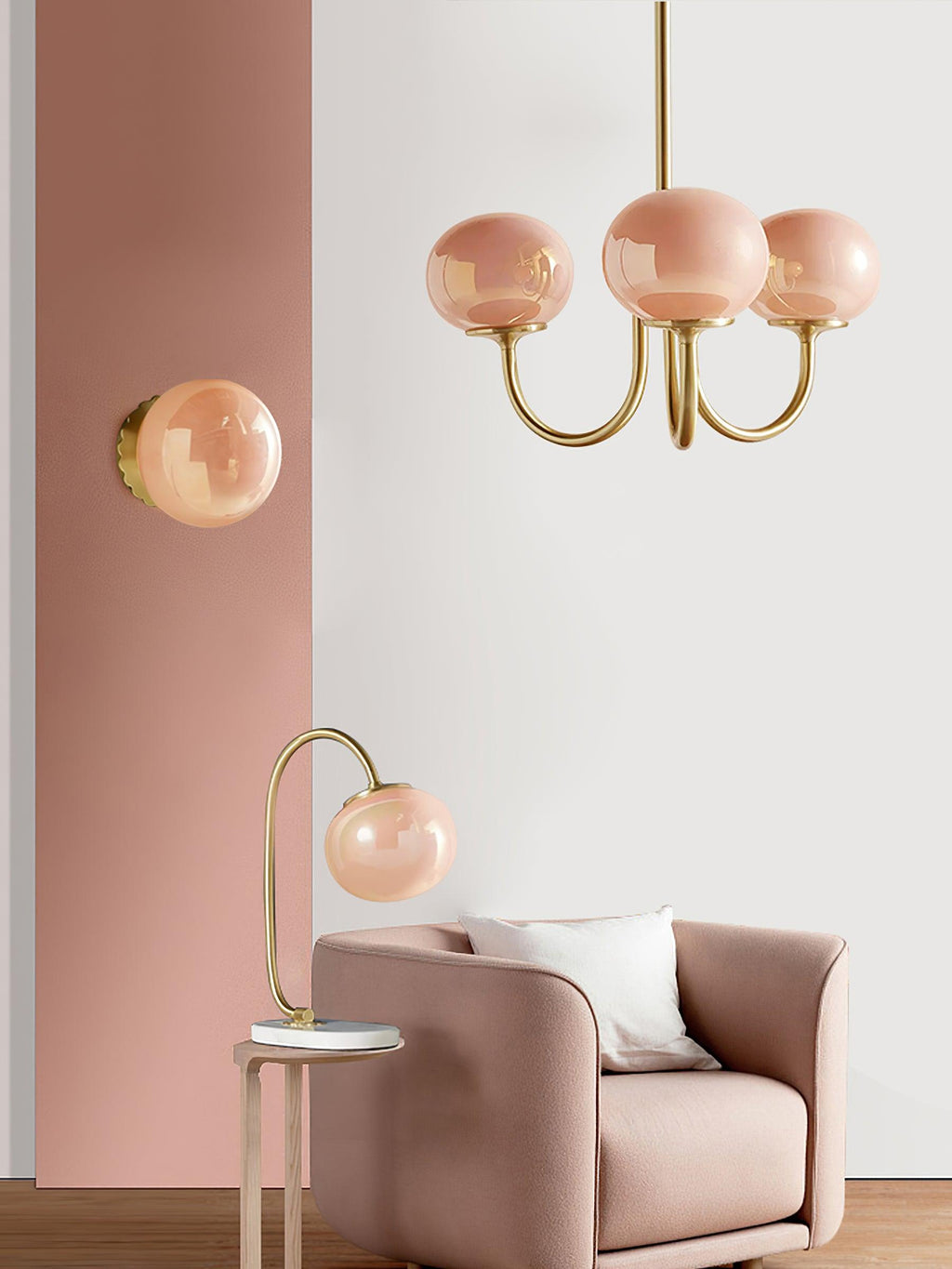 Alora Glass Chandelier, Pale Pink Shades, Copper or Chrome, 3 or 5 Lights