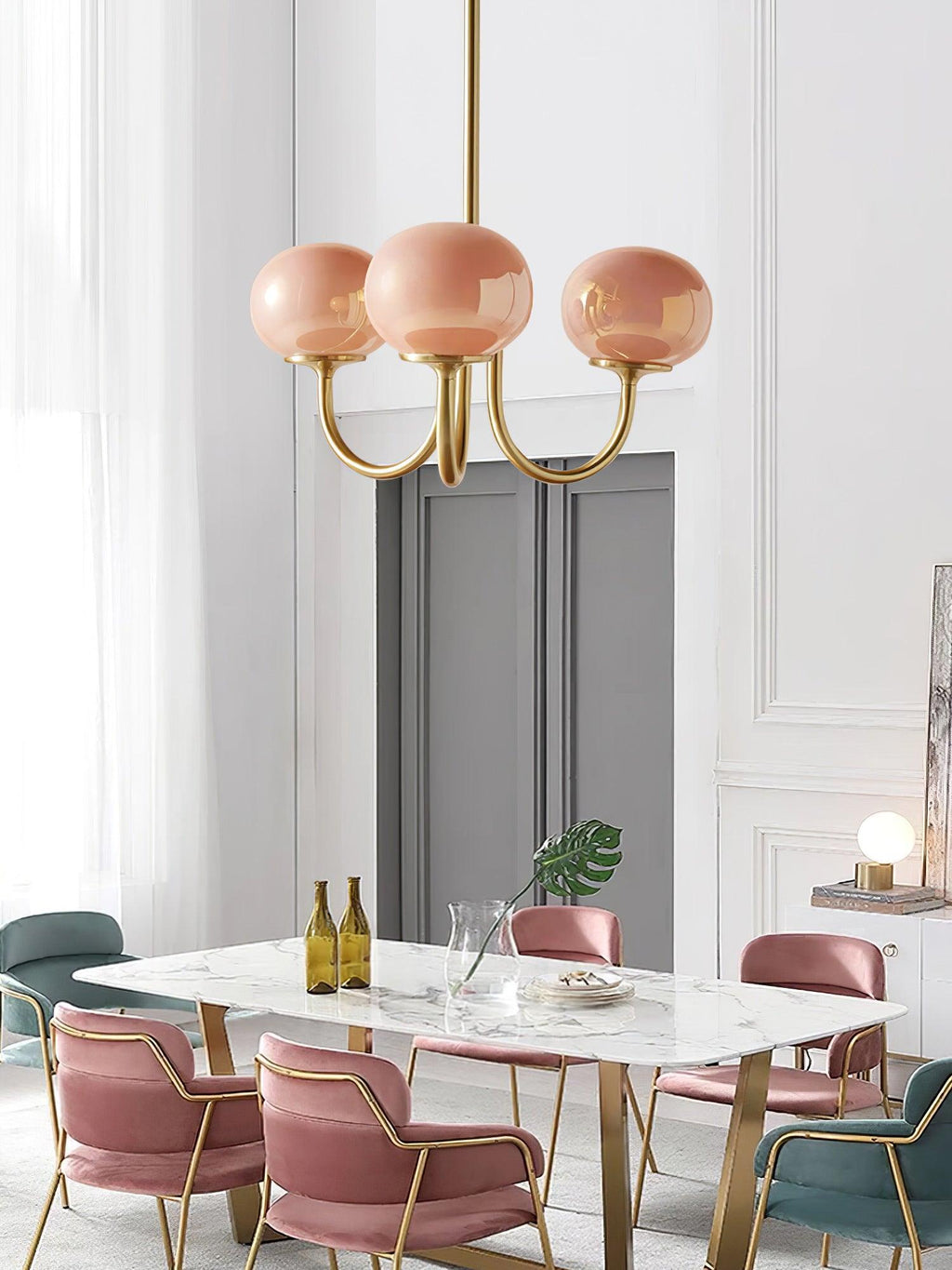Alora Glass Chandelier, Pale Pink Shades, Copper or Chrome, 3 or 5 Lights