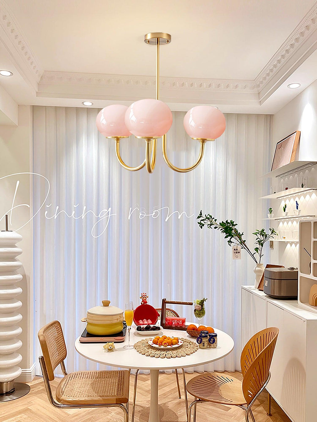 Alora Glass Chandelier, Pale Pink Shades, Copper or Chrome, 3 or 5 Lights