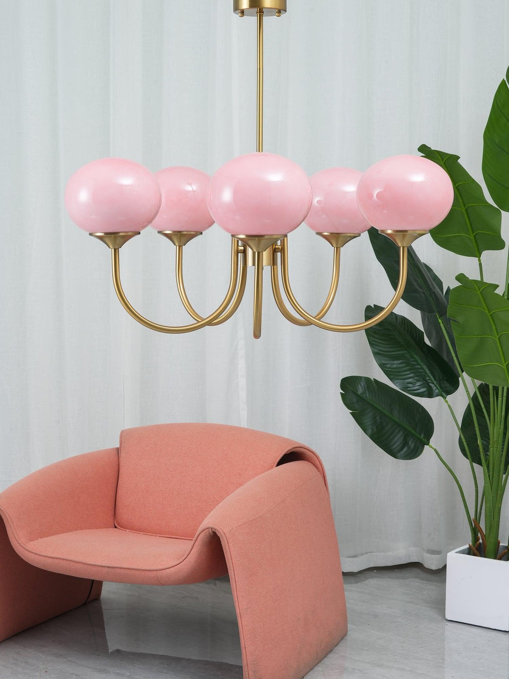Alora Glass Chandelier, Pale Pink Shades, Copper or Chrome, 3 or 5 Lights