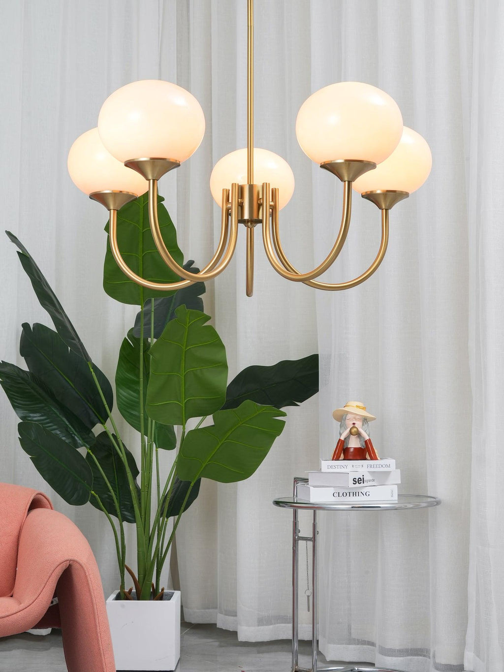 Alora Glass Chandelier, Pale Pink Shades, Copper or Chrome, 3 or 5 Lights