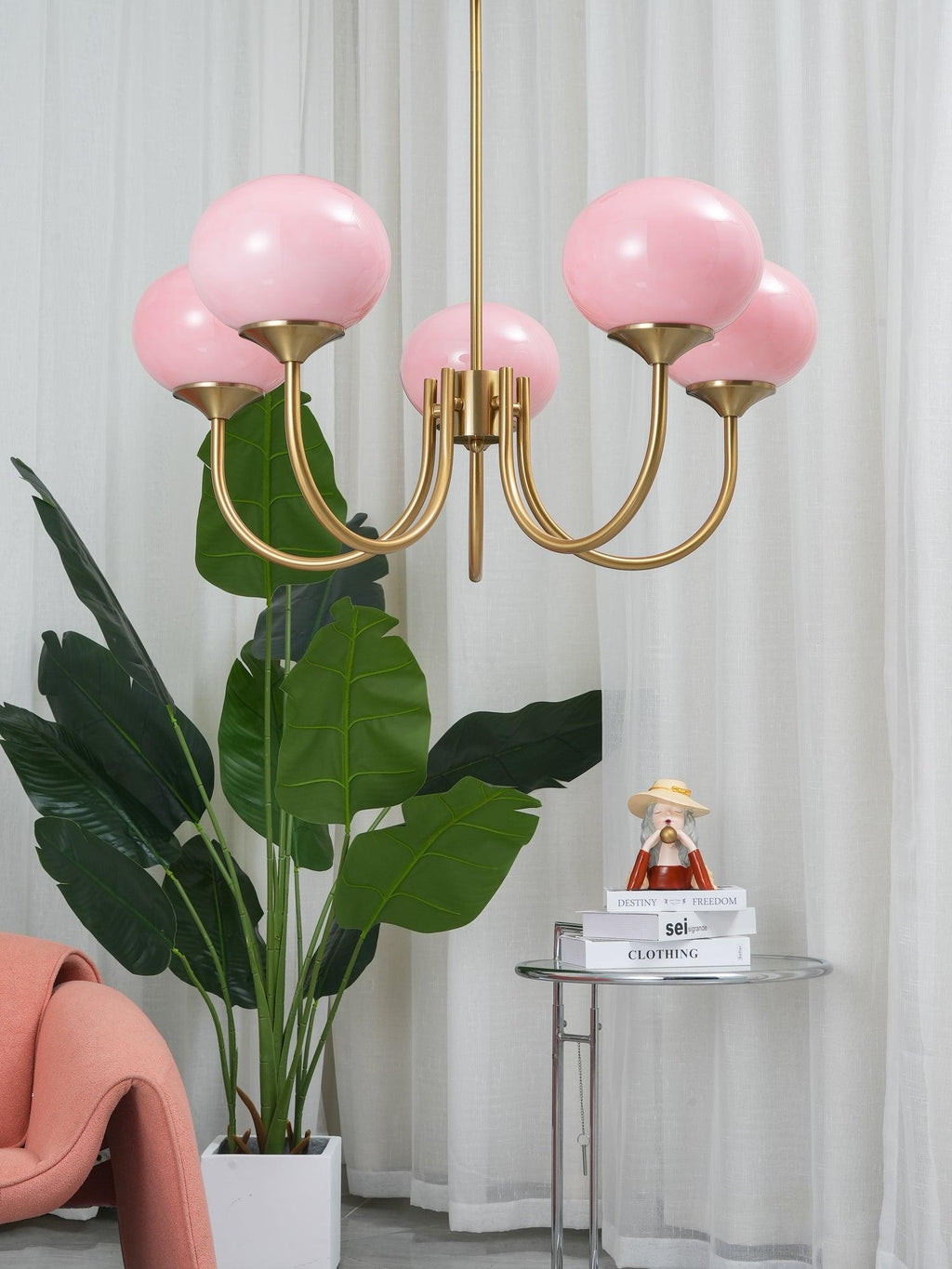 Alora Glass Chandelier, Pale Pink Shades, Copper or Chrome, 3 or 5 Lights