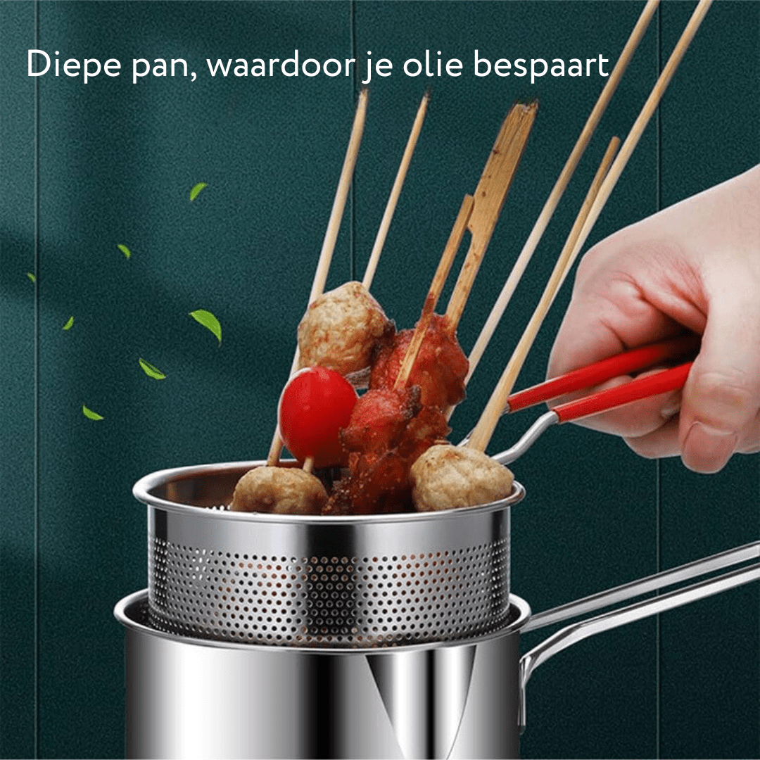 Stainless steel deep fryer with anti-scald handle & oil-saving design - Fioriscas