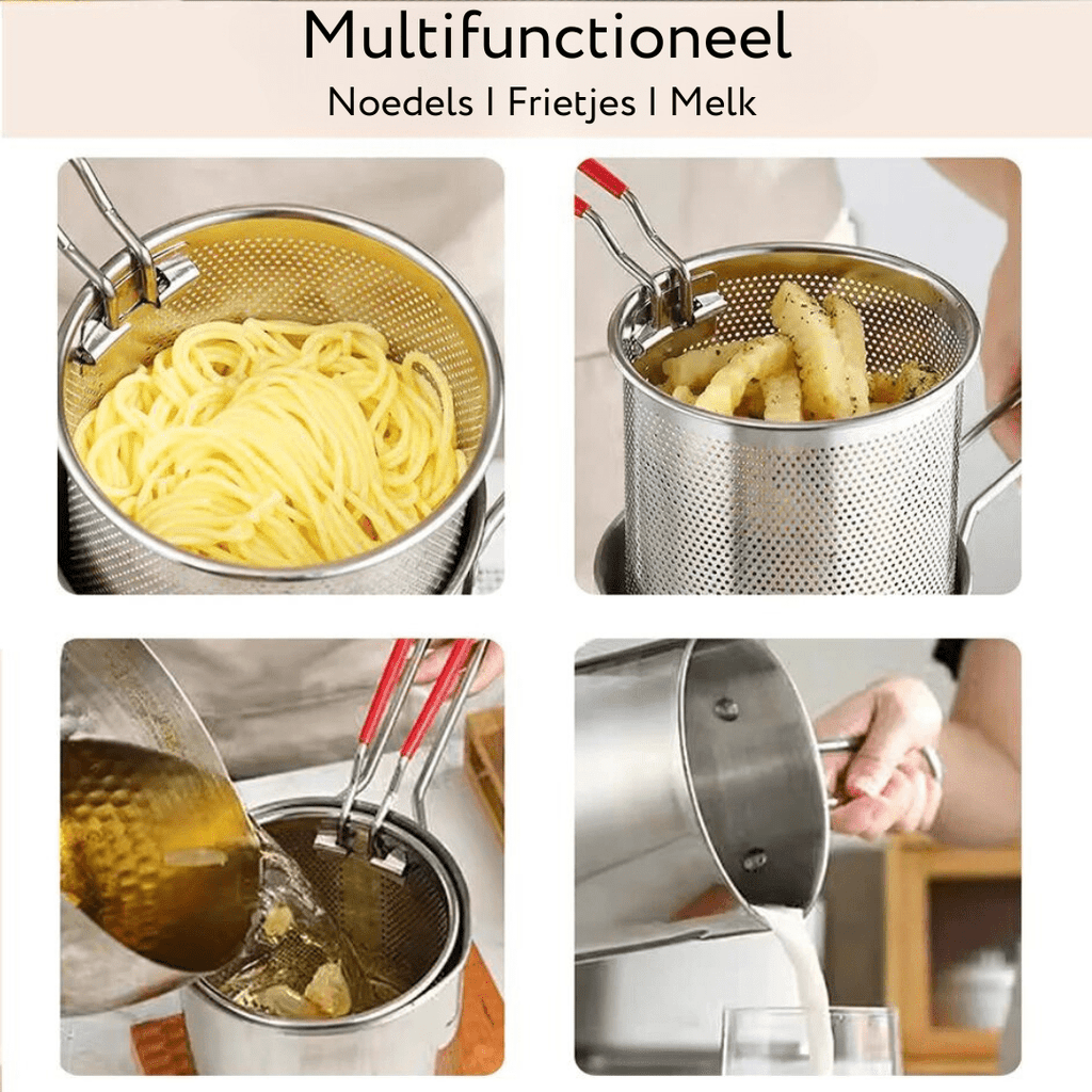 Stainless steel deep fryer with anti-scald handle & oil-saving design - Fioriscas