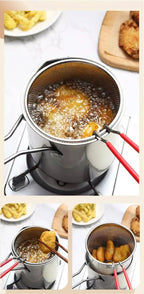 Stainless steel deep fryer with anti-scald handle & oil-saving design - Fioriscas