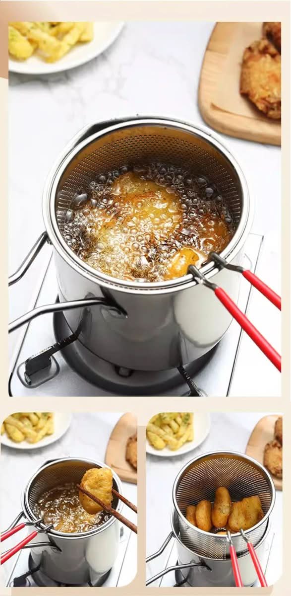 Stainless steel deep fryer with anti-scald handle & oil-saving design - Fioriscas