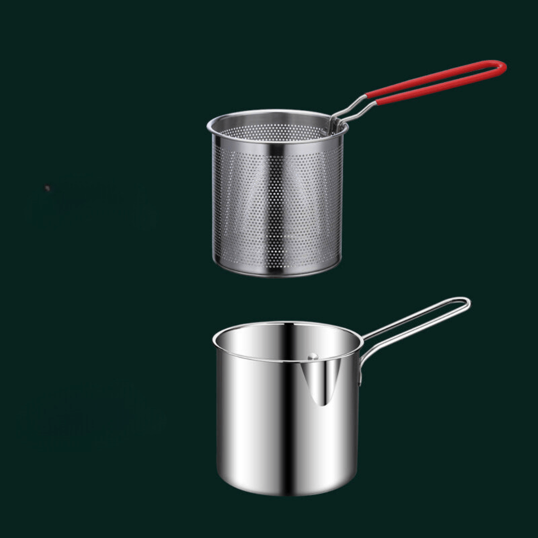 Stainless steel deep fryer with anti-scald handle & oil-saving design - Fioriscas