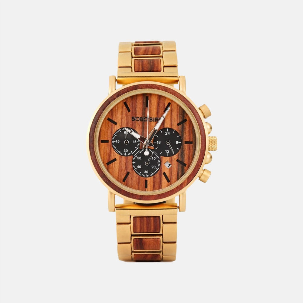 Orologio da uomo in legno TimberLuxe con incisione, resistente all’acqua fino a 3 ATM