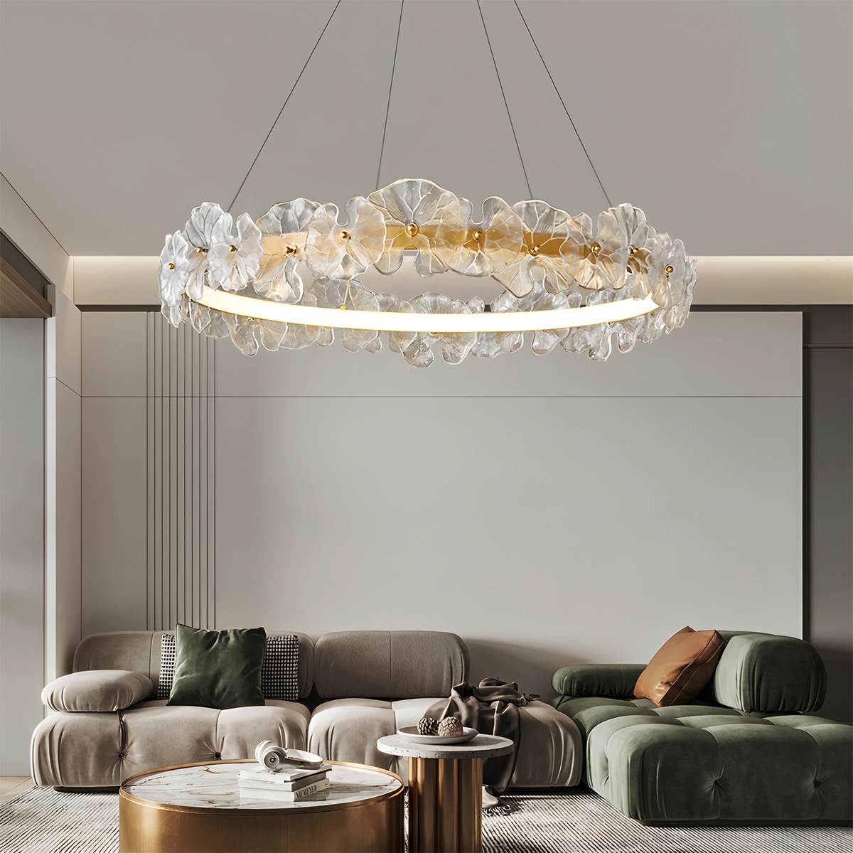 Petal Glass Chandelier With Sculpted Iron Frame Diffused Glow For Elegant Interiors