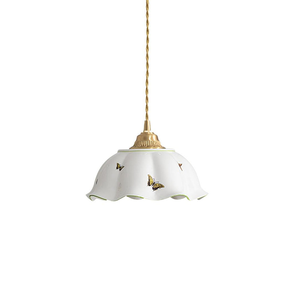 Lampada a sospensione con paralume in ceramica a petali dipinti a mano con farfalle, fascino vintage | Fioriscas
