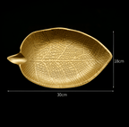 Leaf-Shaped Wood Serving Tray, Nordic Gold Finish, Pineapple Motif