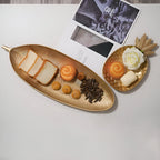 Leaf-Shaped Wood Serving Tray, Nordic Gold Finish, Pineapple Motif