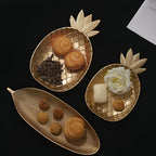 Leaf-Shaped Wood Serving Tray, Nordic Gold Finish, Pineapple Motif