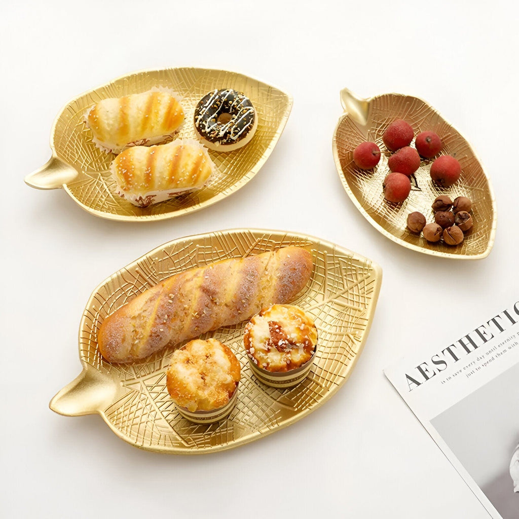 Leaf-Shaped Wood Serving Tray, Nordic Gold Finish, Pineapple Motif