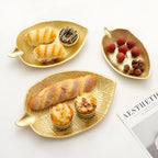 Leaf-Shaped Wood Serving Tray, Nordic Gold Finish, Pineapple Motif