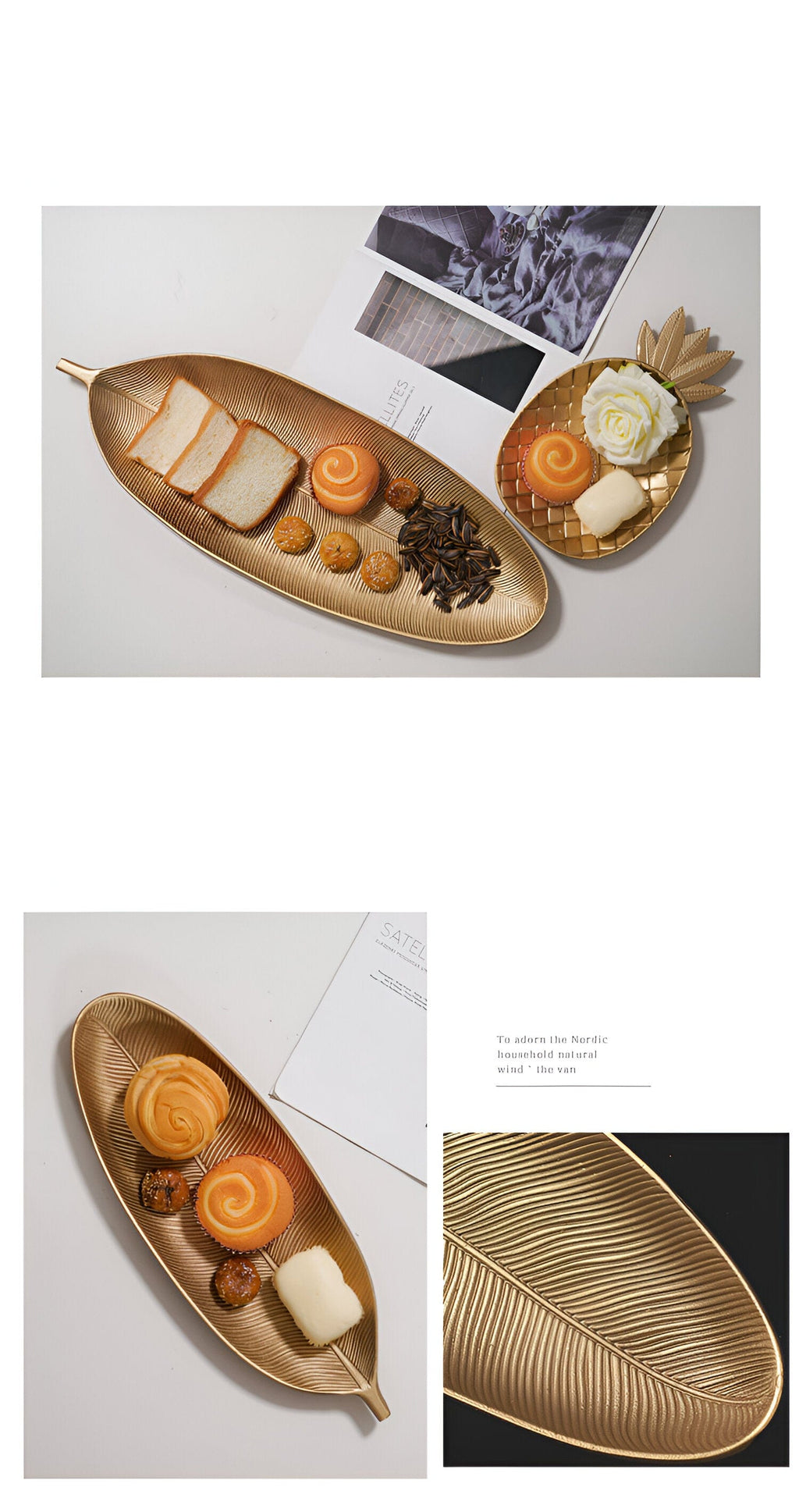 Leaf-Shaped Wood Serving Tray, Nordic Gold Finish, Pineapple Motif