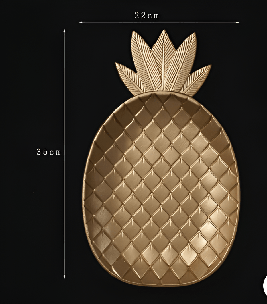 Leaf-Shaped Wood Serving Tray, Nordic Gold Finish, Pineapple Motif