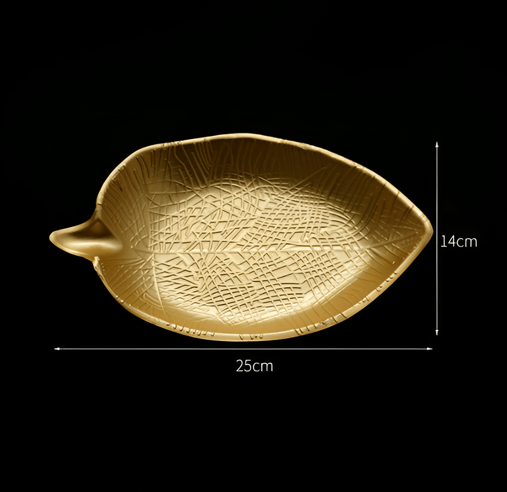 Leaf-Shaped Wood Serving Tray, Nordic Gold Finish, Pineapple Motif