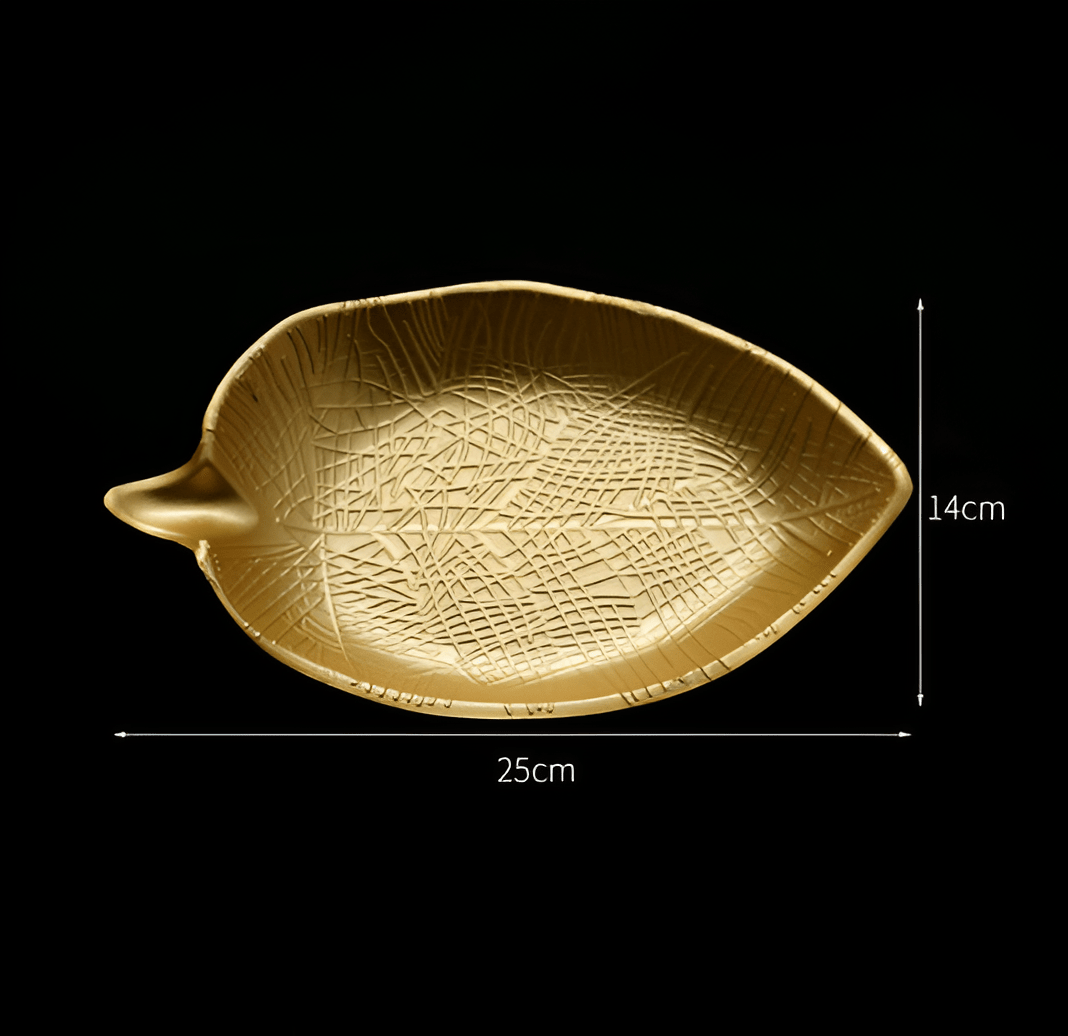 Leaf-Shaped Wood Serving Tray, Nordic Gold Finish, Pineapple Motif