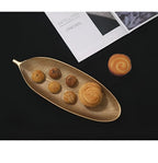 Leaf-Shaped Wood Serving Tray, Nordic Gold Finish, Pineapple Motif