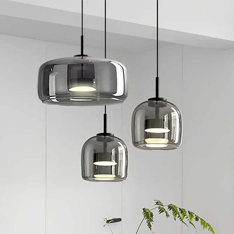 LumenNova Round Glass Pendant Light, Smoky Gray & Amber, 3 Sizes