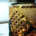 Amber Whisky Glass With Dark Knight Cut Pattern And Wooden Box