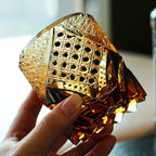 Amber Whisky Glass With Dark Knight Cut Pattern And Wooden Box