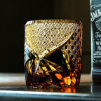 Amber Whisky Glass With Dark Knight Cut Pattern And Wooden Box