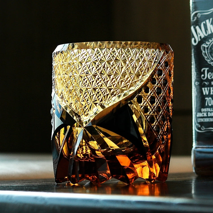 Amber Whisky Glass With Dark Knight Cut Pattern And Wooden Box