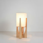 Lampada da terra Caelum in noce, paralume in cotone e lino, LED tricolore