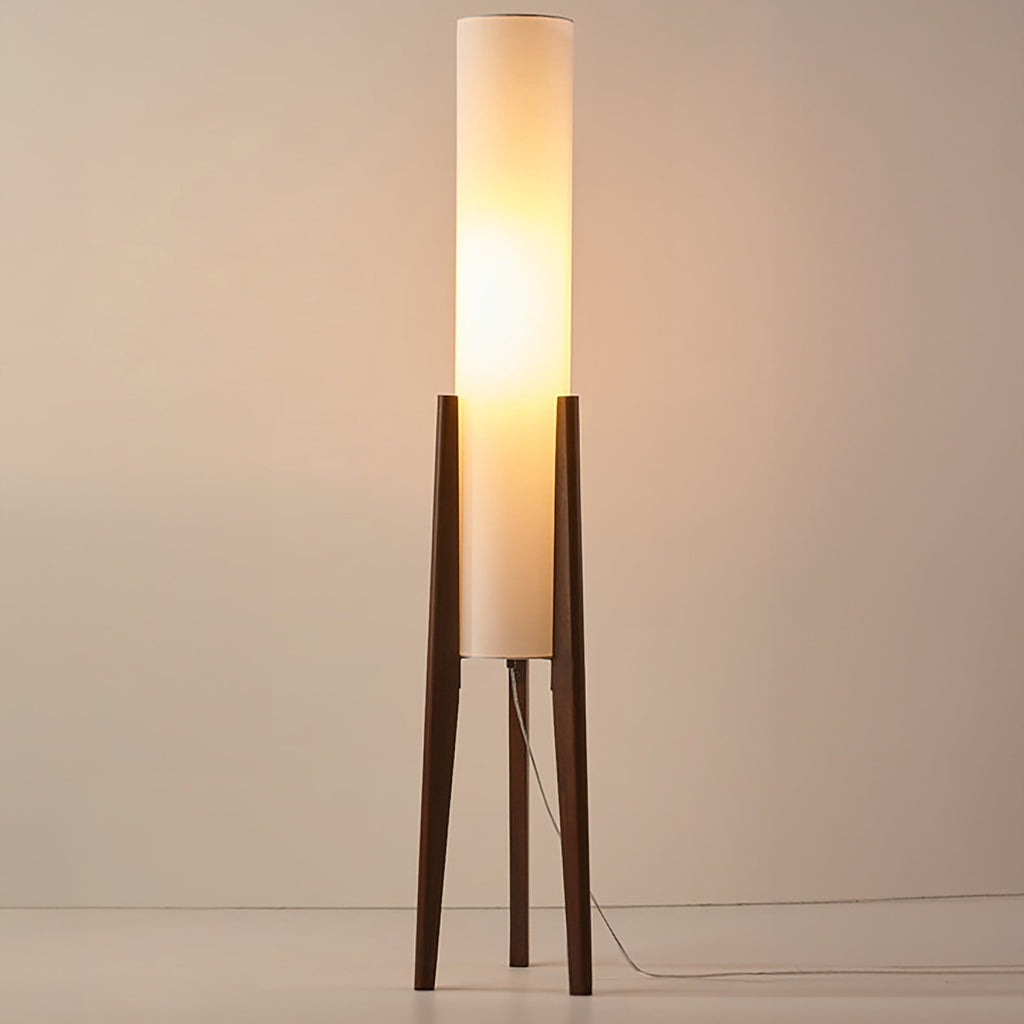 Lampada da terra Liora, base in noce con paralume in tessuto e LED dimmerabile