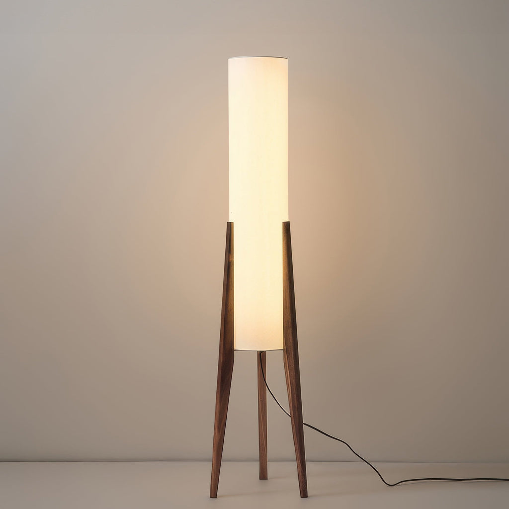 Lampada da terra Liora, base in noce con paralume in tessuto e LED dimmerabile