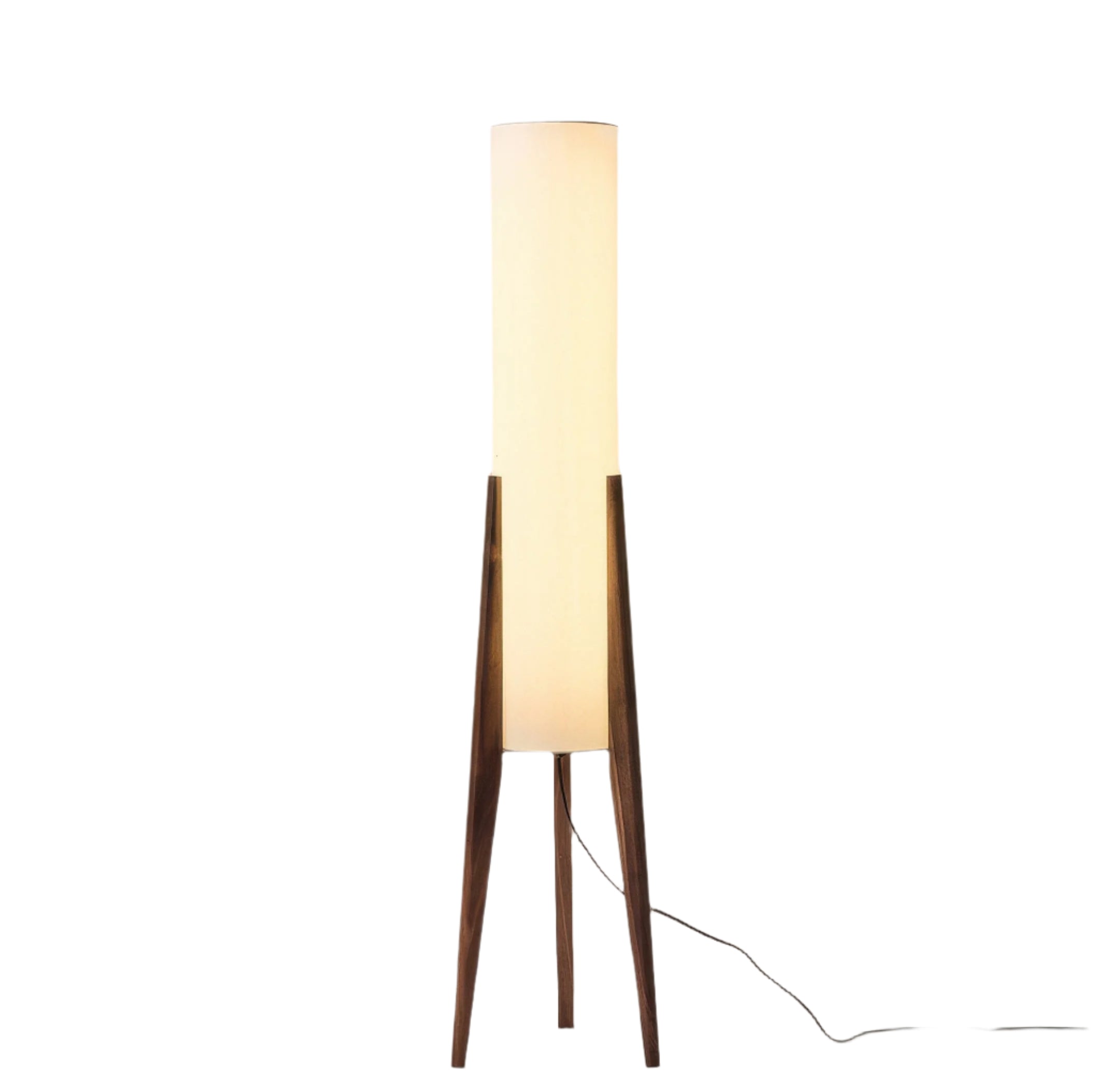 Lampada da terra Liora, base in noce con paralume in tessuto e LED dimmerabile