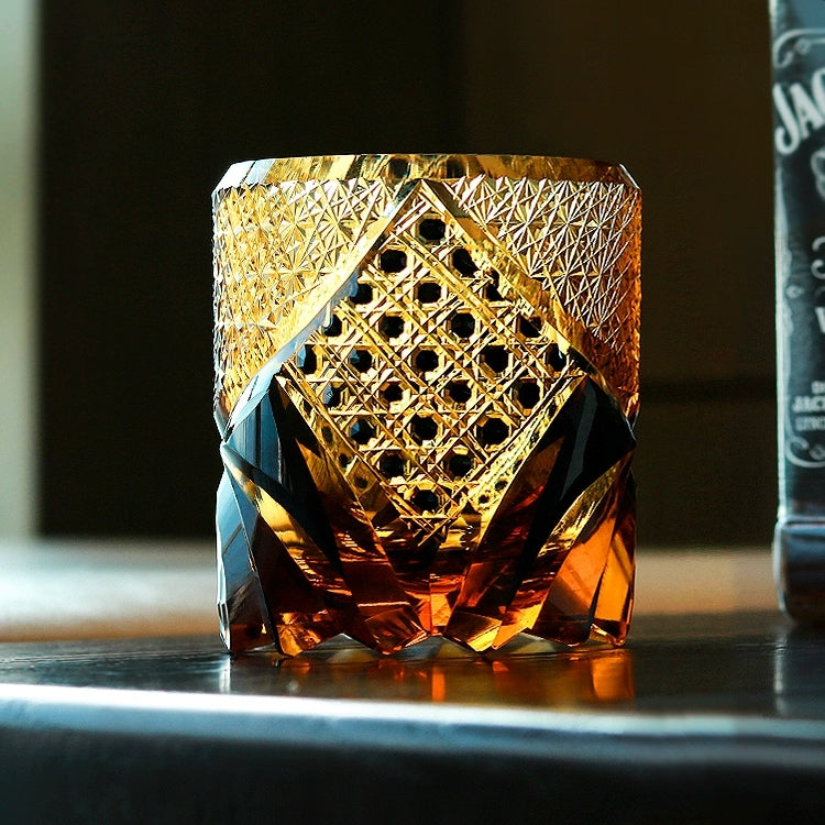 Amber Whisky Glass With Dark Knight Cut Pattern And Wooden Box