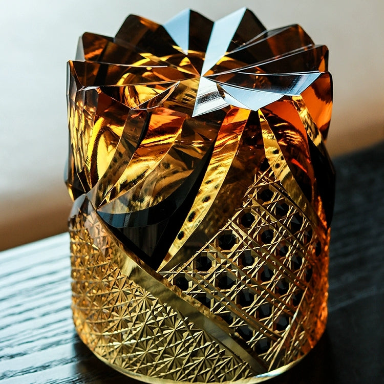 Amber Whisky Glass With Dark Knight Cut Pattern And Wooden Box