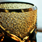 Amber Whisky Glass With Dark Knight Cut Pattern And Wooden Box