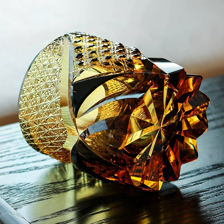 Amber Whisky Glass With Dark Knight Cut Pattern And Wooden Box