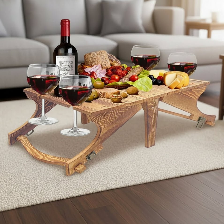 Compact foldable camping table with wine glass holder and storage space - Fioriscas
