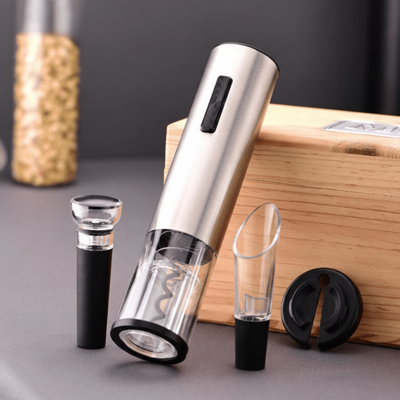 4-in-1 electric wine opener - corkscrew with pourer, foil cutter & vacuum stopper for effortless wine enjoyment - Fioriscas