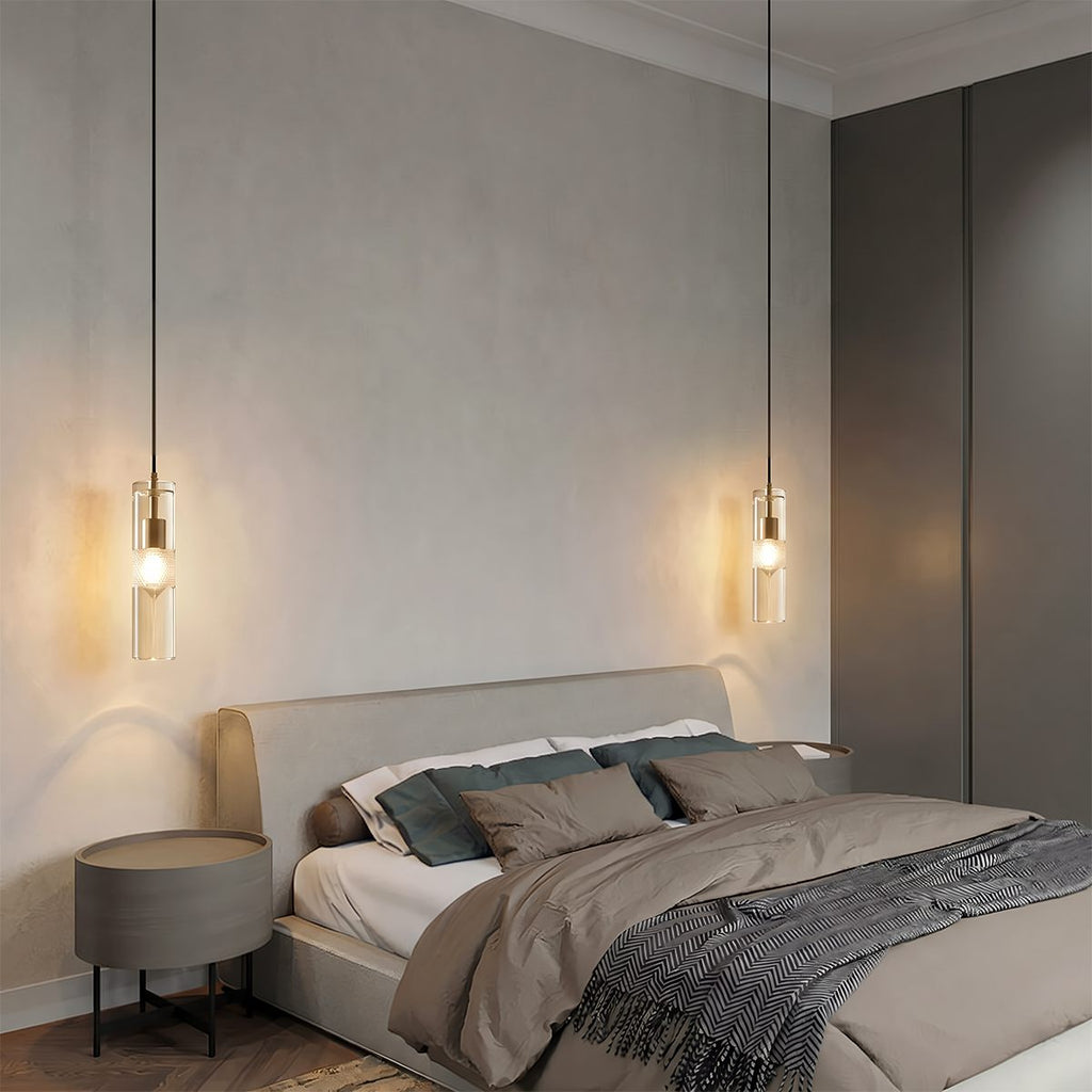 Lampa wisząca Aura Crystal w kształcie cylindra z żelaza i mosiądzu