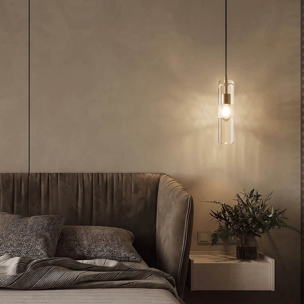 Lampa wisząca Aura Crystal w kształcie cylindra z żelaza i mosiądzu
