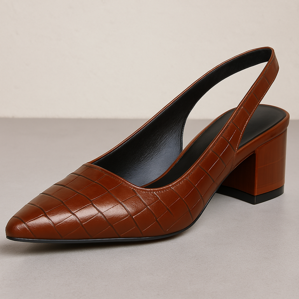Lodičky Asteria typu slingback s krokodýlím vzorem, špičatou špičkou a širokým podpatkem